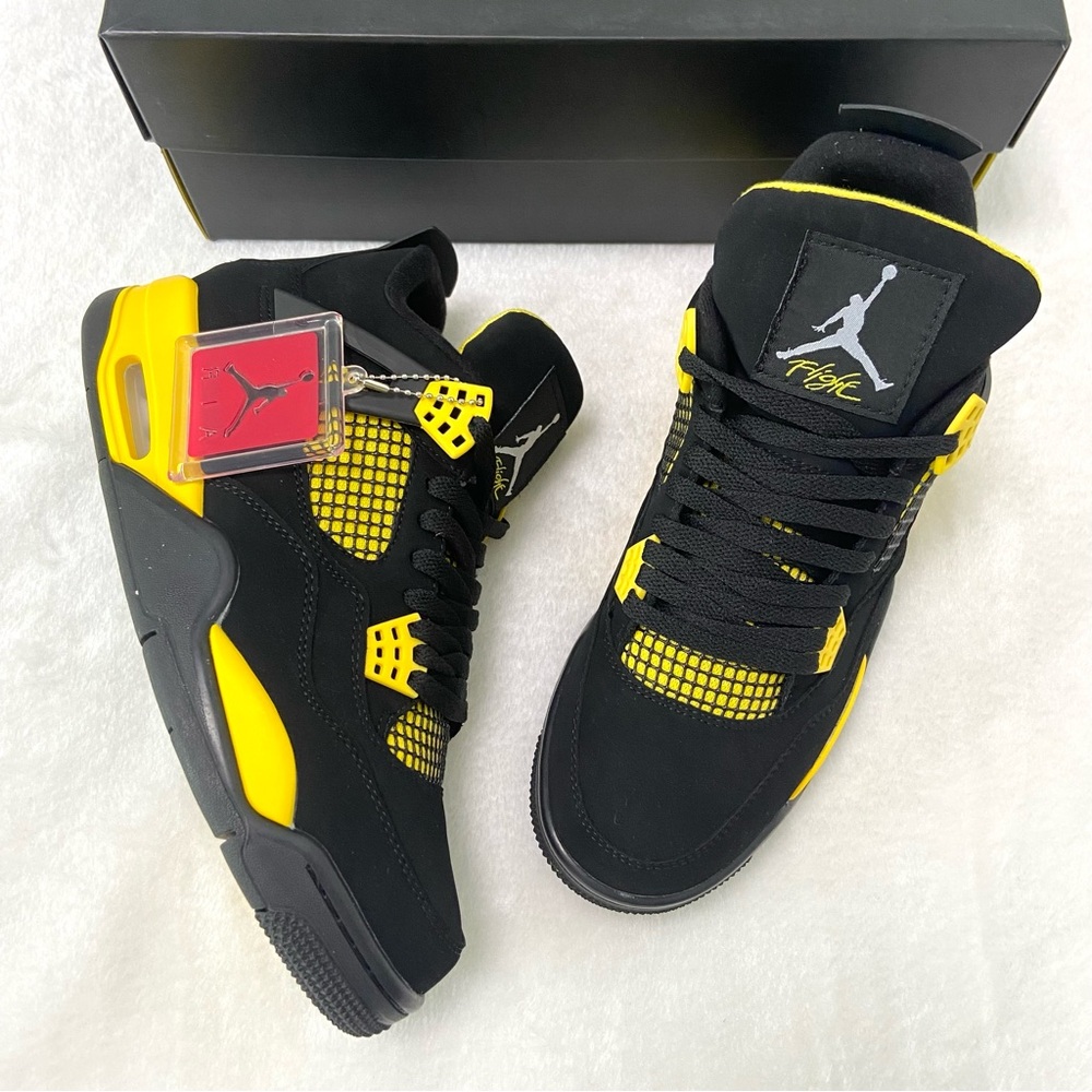 Men's Black Sneakers Shoes w/ Perforated Design -Retro 4 Yellow Thunder